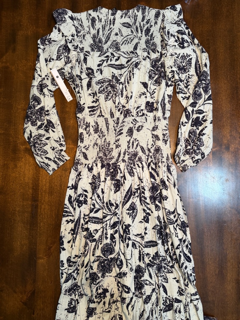 Aqua Smocked Midi Dress - Blue Floral Linen Blend Long Sleeve - Size M NWT - Picture 7 of 7